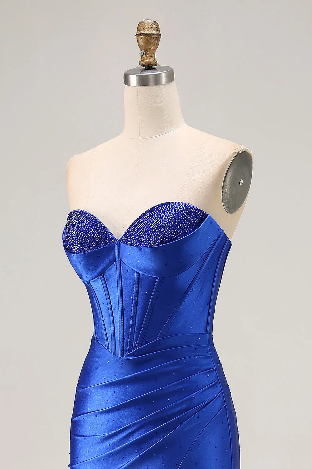 Elegant Royal Blue Mermaid Strapless Sleeveless Back Zip Beading Embellished Ruched High-Slit Satin Floor-Length Prom Dresses