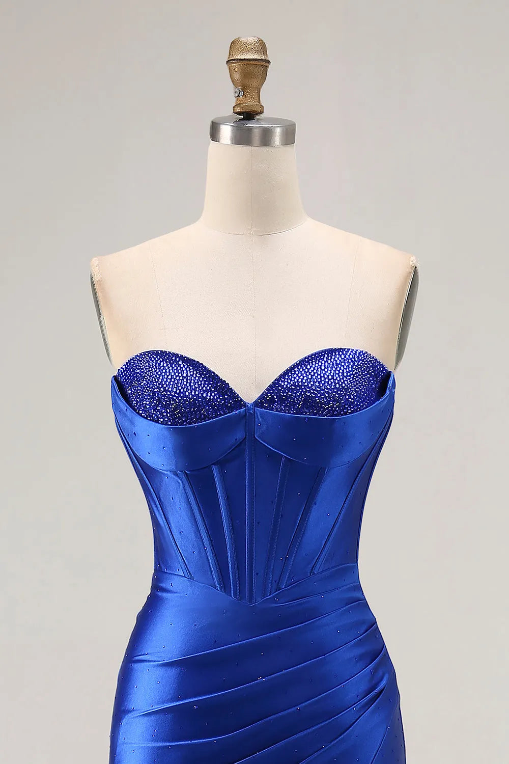 Elegant Royal Blue Mermaid Strapless Sleeveless Back Zip Beading Embellished Ruched High-Slit Satin Floor-Length Prom Dresses