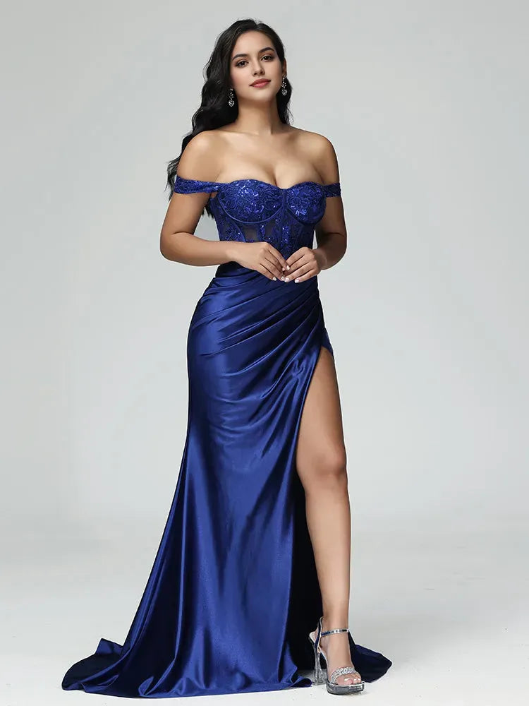 Elegant Royal Blue Off - Shoulder Mermaid Prom Dress with Sequin Lace Bodice Ruched Skirt and High Side Slit