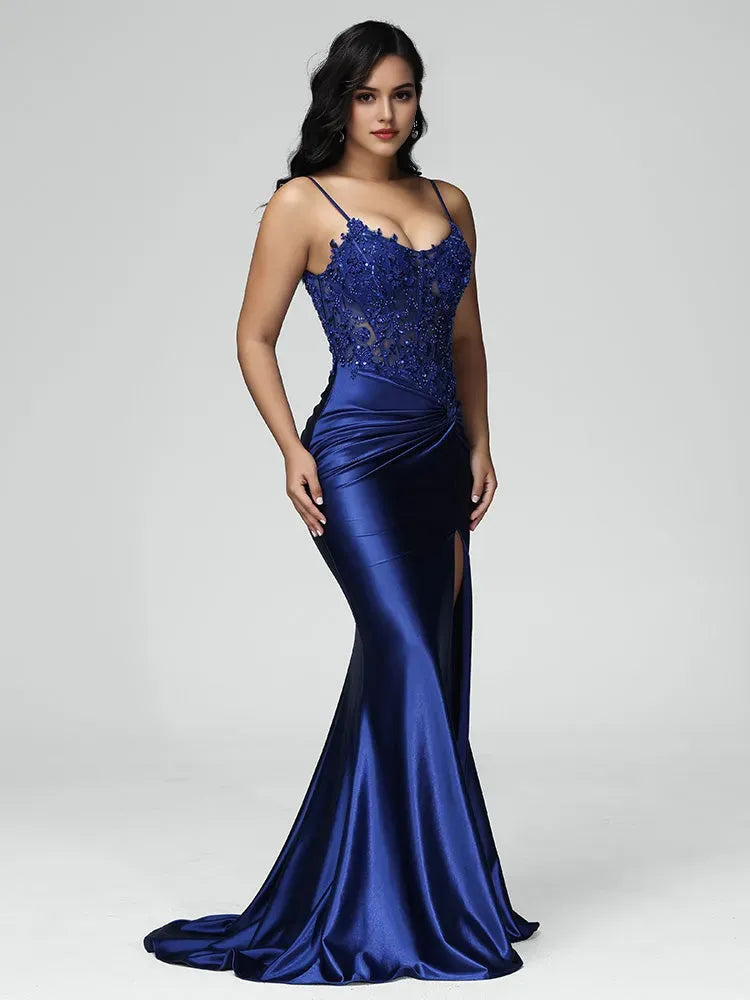 Elegant Royal Blue Satin Spaghetti Straps Mermaid Prom Dress with Sequined Lace Illusion Bodice Ruched Detail, and High Side Slit