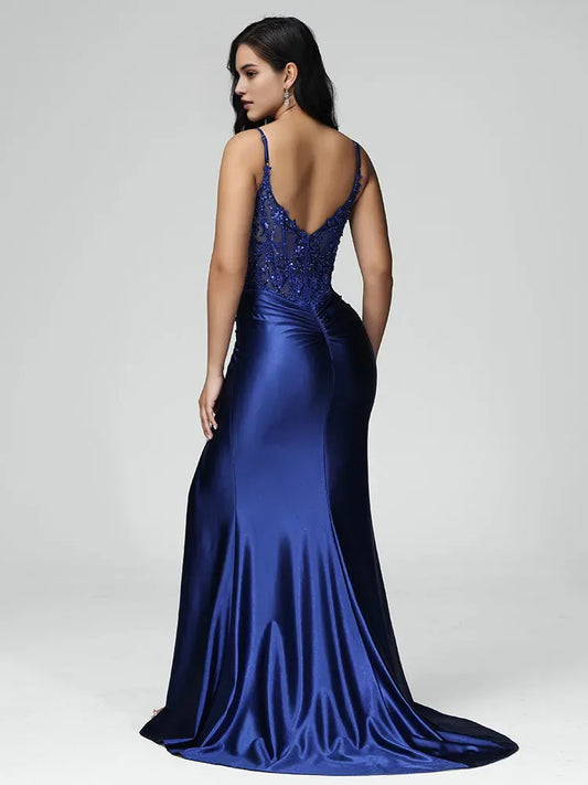 Elegant Royal Blue Satin Spaghetti Straps Mermaid Prom Dress with Sequined Lace Illusion Bodice Ruched Detail, and High Side Slit