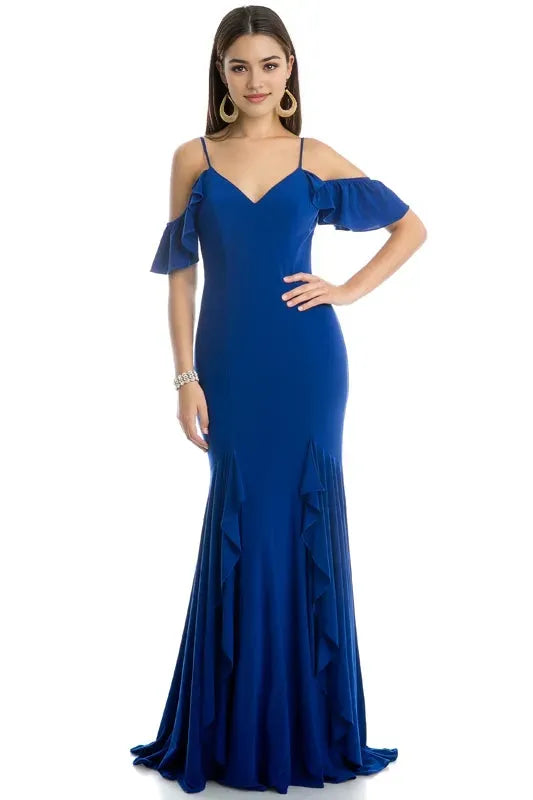 Elegant Royal Blue V-neck One shoulder Back Zip Tiered  Floor length prom dress ready to ship