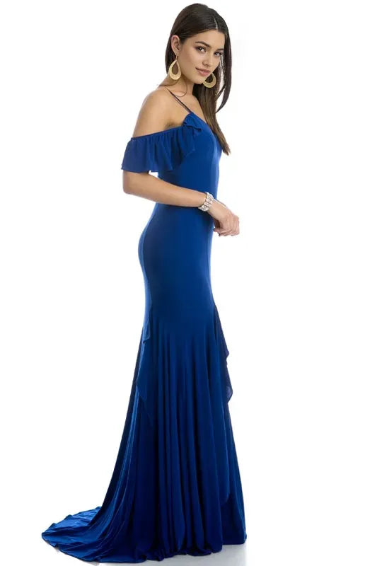 Elegant Royal Blue V-neck One shoulder Back Zip Tiered  Floor length prom dress ready to ship