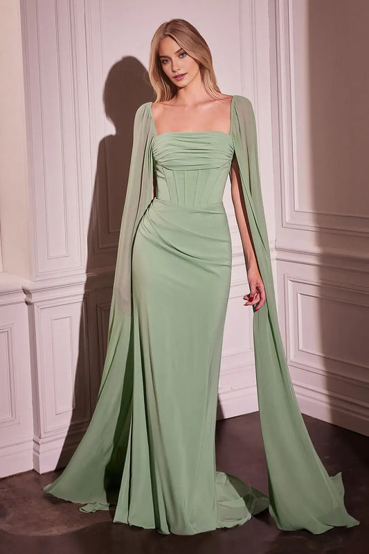 Elegant Sage Chiffon Sheath Square cape sleeve  Lace Up  Train  prom dress for women hot sale