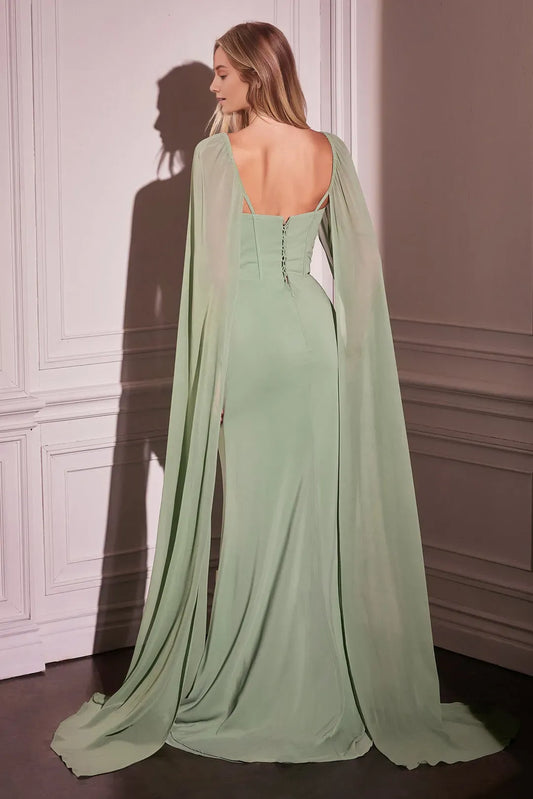 Elegant Sage Chiffon Sheath Square cape sleeve  Lace Up  Train  prom dress for women hot sale