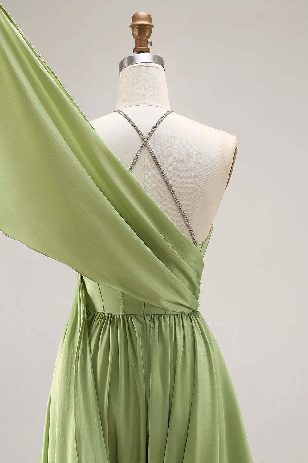 Elegant Sage Green A-Line Halter Neck Cutout Bodice Cape-Sleeve Set with diamonds Straps Satin High Side Slit Floor-Length Prom Dress