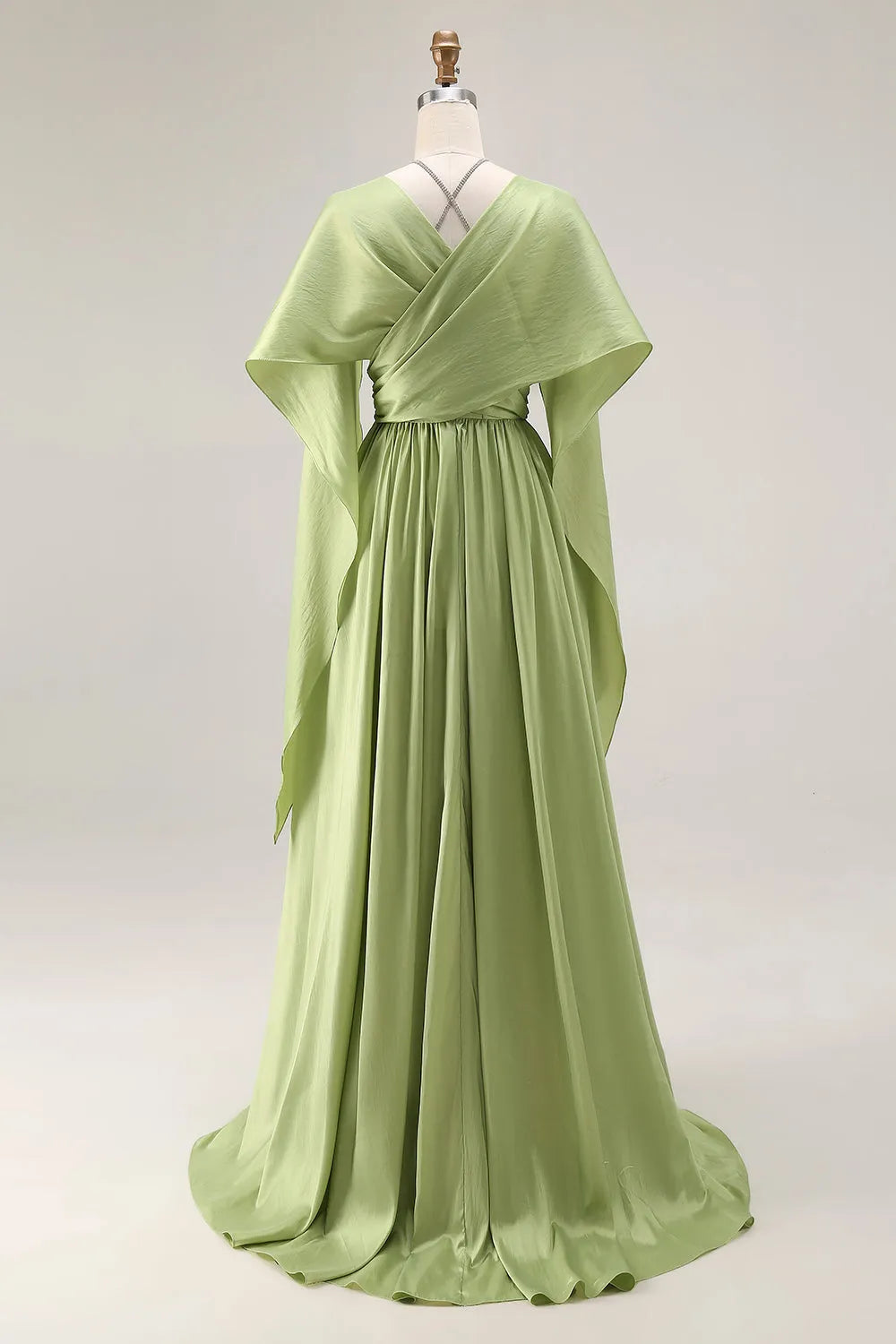 Elegant Sage Green A-Line Halter Neck Cutout Bodice Cape-Sleeve Set with diamonds Straps Satin High Side Slit Floor-Length Prom Dress