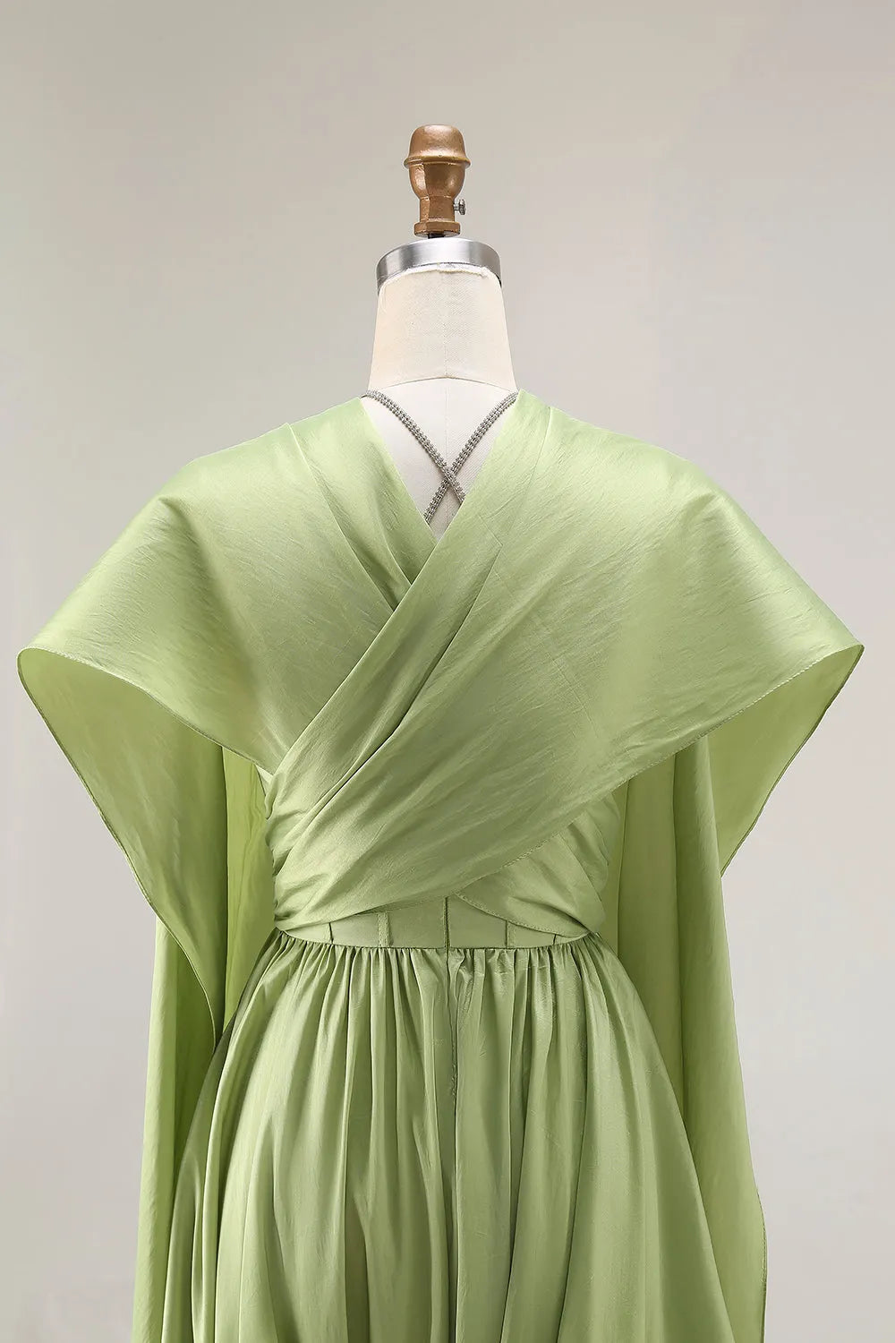 Elegant Sage Green A-Line Halter Neck Cutout Bodice Cape-Sleeve Set with diamonds Straps Satin High Side Slit Floor-Length Prom Dress