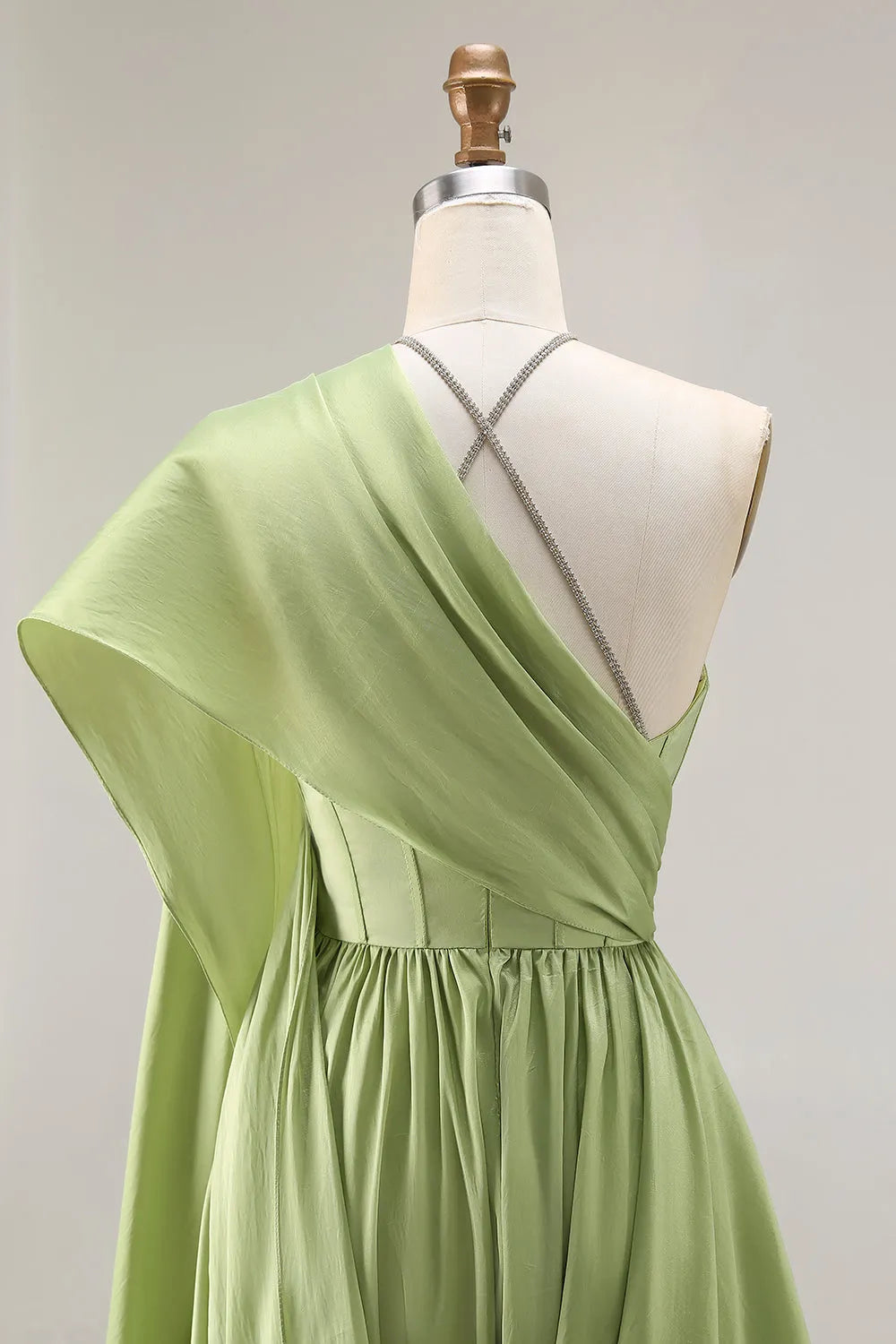 Elegant Sage Green A-Line Halter Neck Cutout Bodice Cape-Sleeve Set with diamonds Straps Satin High Side Slit Floor-Length Prom Dress