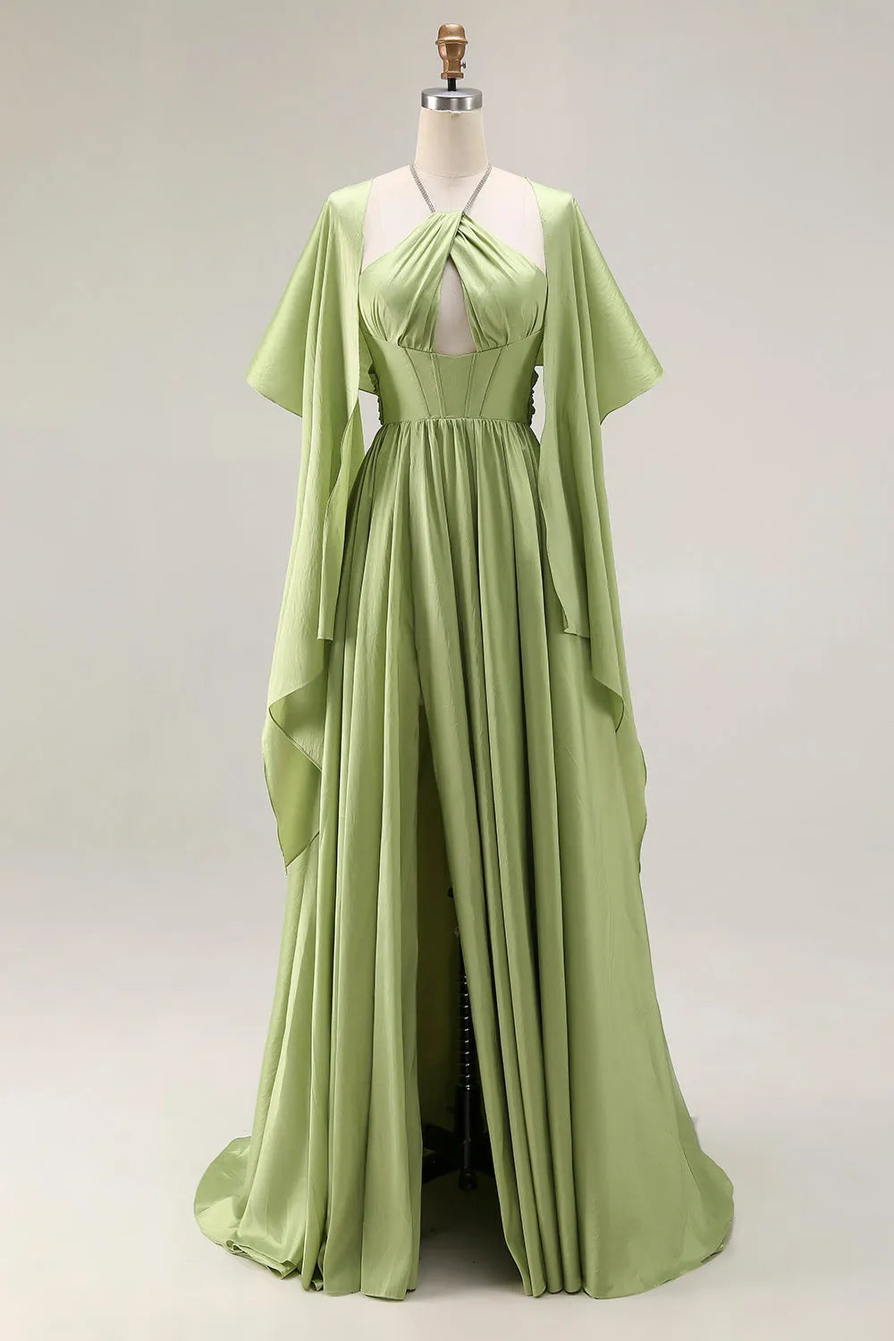 Elegant Sage Green A-Line Halter Neck Cutout Bodice Cape-Sleeve Set with diamonds Straps Satin High Side Slit Floor-Length Prom Dress