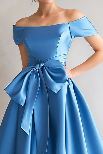 Elegant Satin A-Line Off-Shoulder Short Sleeve Tea-Length Mother of the Bride Dress with Bow