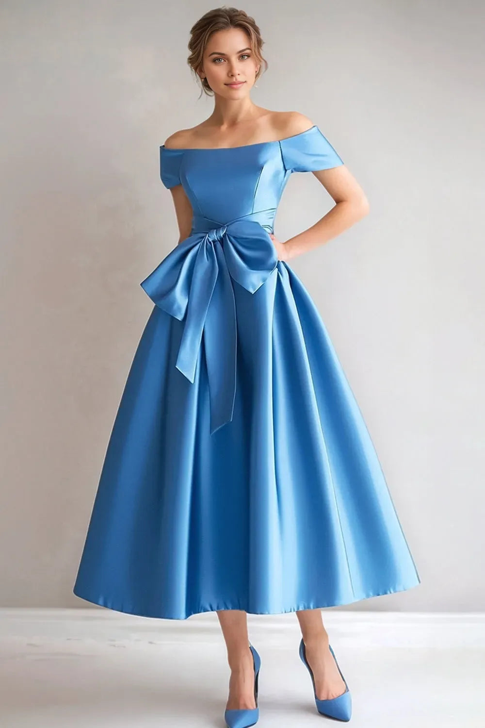 Elegant Satin A-Line Off-Shoulder Short Sleeve Tea-Length Mother of the Bride Dress with Bow