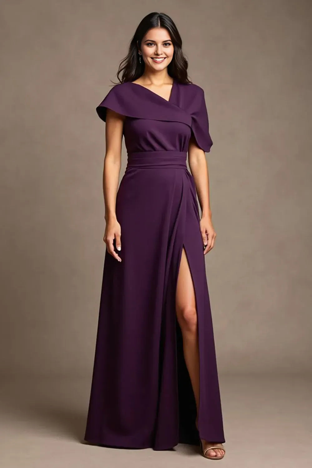 Elegant Satin A Line Purple Asymmetric Neckline Cap Sleeve High Slit Long Mother of the Bride Dress female guests
