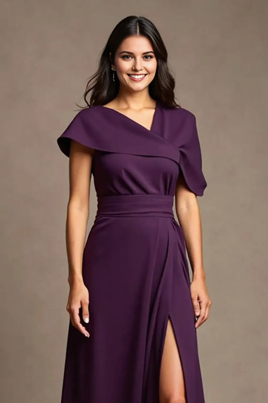 Elegant Satin A Line Purple Asymmetric Neckline Cap Sleeve High Slit Long Mother of the Bride Dress female guests