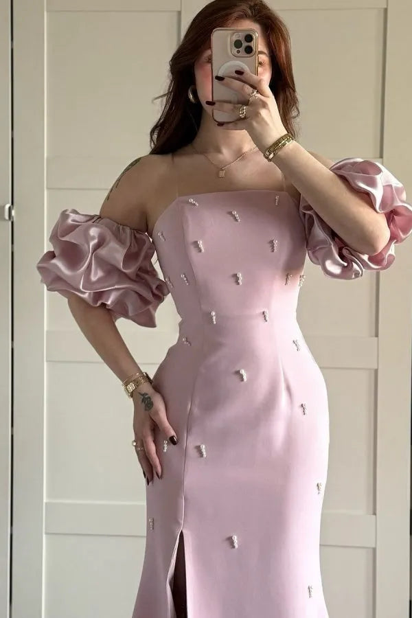 Elegant Satin Pink Sheath Off -Shoulder Lantern Sleeve Beaded High Slit Floor -Length Prom Dress Hot Sale