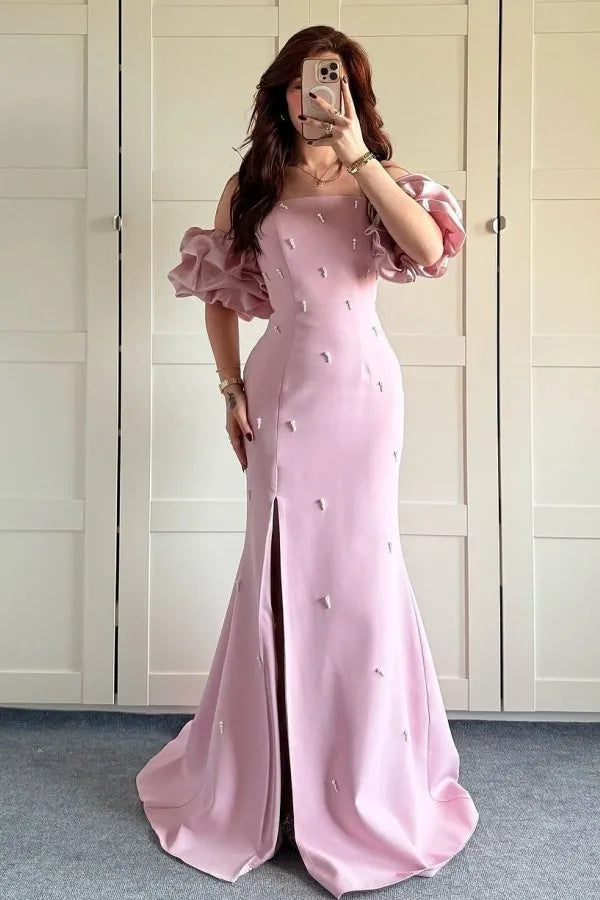 Elegant Satin Pink Sheath Off -Shoulder Lantern Sleeve Beaded High Slit Floor -Length Prom Dress Hot Sale