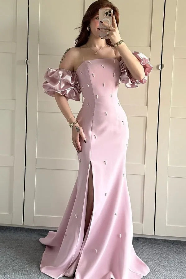 Elegant Satin Pink Sheath Off -Shoulder Lantern Sleeve Beaded High Slit Floor -Length Prom Dress Hot Sale