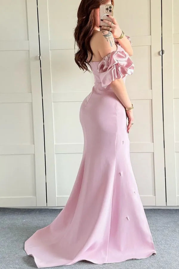 Elegant Satin Pink Sheath Off -Shoulder Lantern Sleeve Beaded High Slit Floor -Length Prom Dress Hot Sale