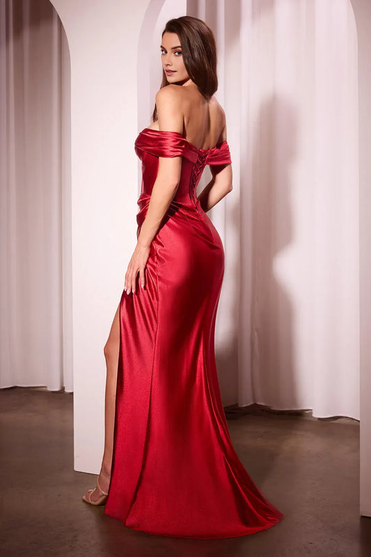 Elegant Satin Red Sheath Off the shoulder sweetheart Lace Up Floor length side leg slit prom dress for bride for sale