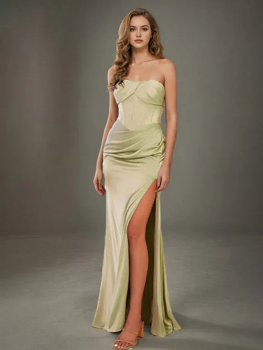 Elegant Satin Strapless  Prom Dress with Draped Design Sweetheart Mermaid Lace Bodice Maxi With Slit