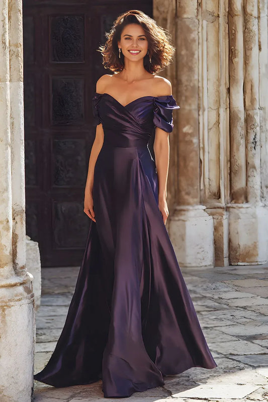 Elegant Sheath A-Line Off-Shoulder Short Sleeve Lace Up Floor-Length Mother of the Bride Dress