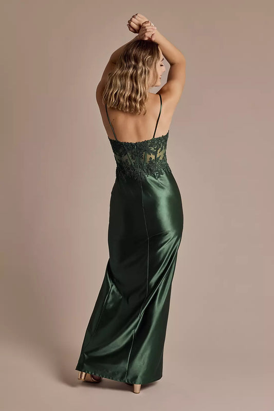 Elegant Sheath Cowl Neck Sleeveless Corset Bodice Lace-Up Back Zip Ankle-Length Prom Dresses Side Leg Slit