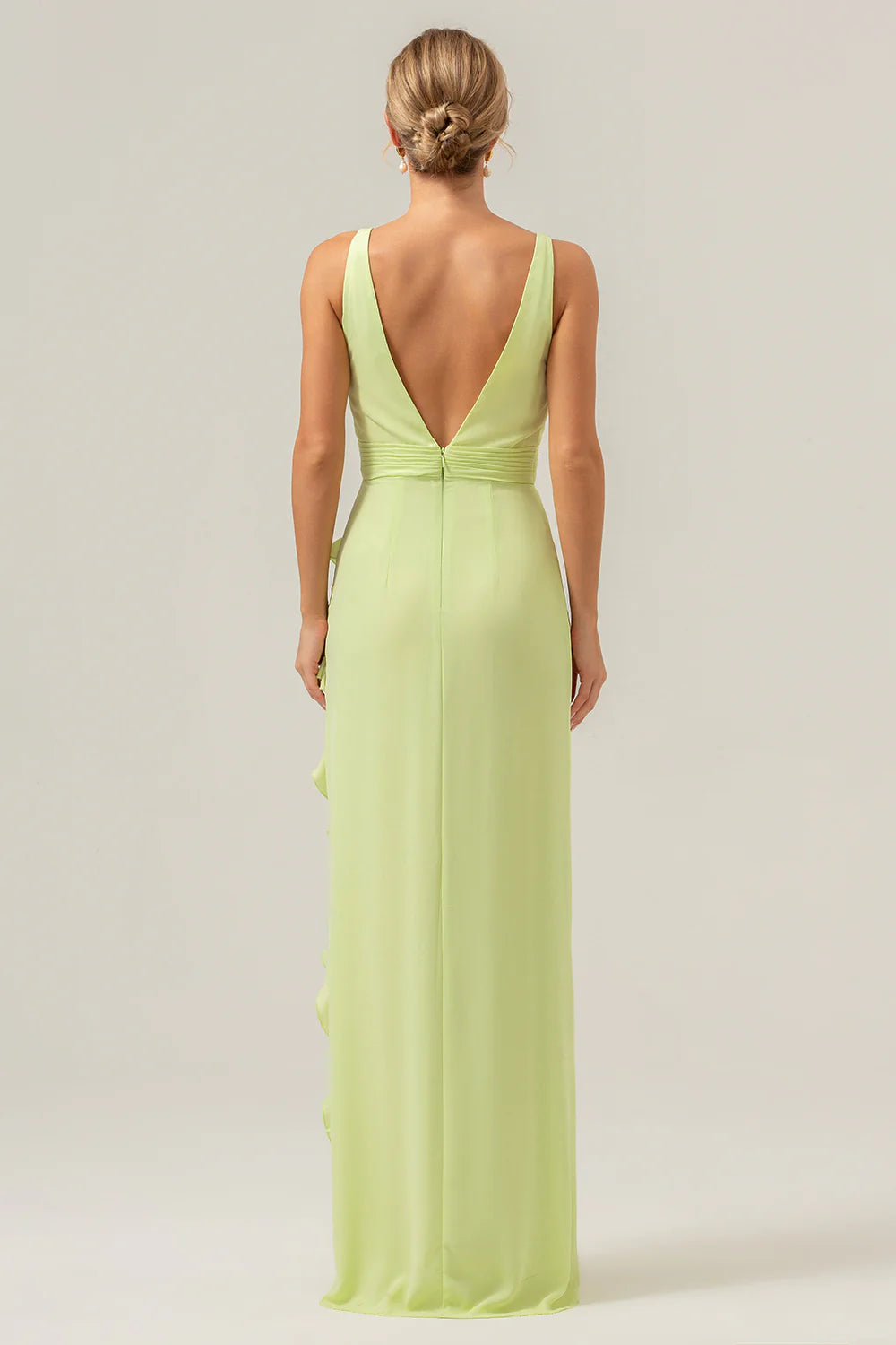 Elegant Sheath Deep V-Neck Sleeveless Open-Back Back Zip Floor-Length Prom Dress with Ruffle Slit