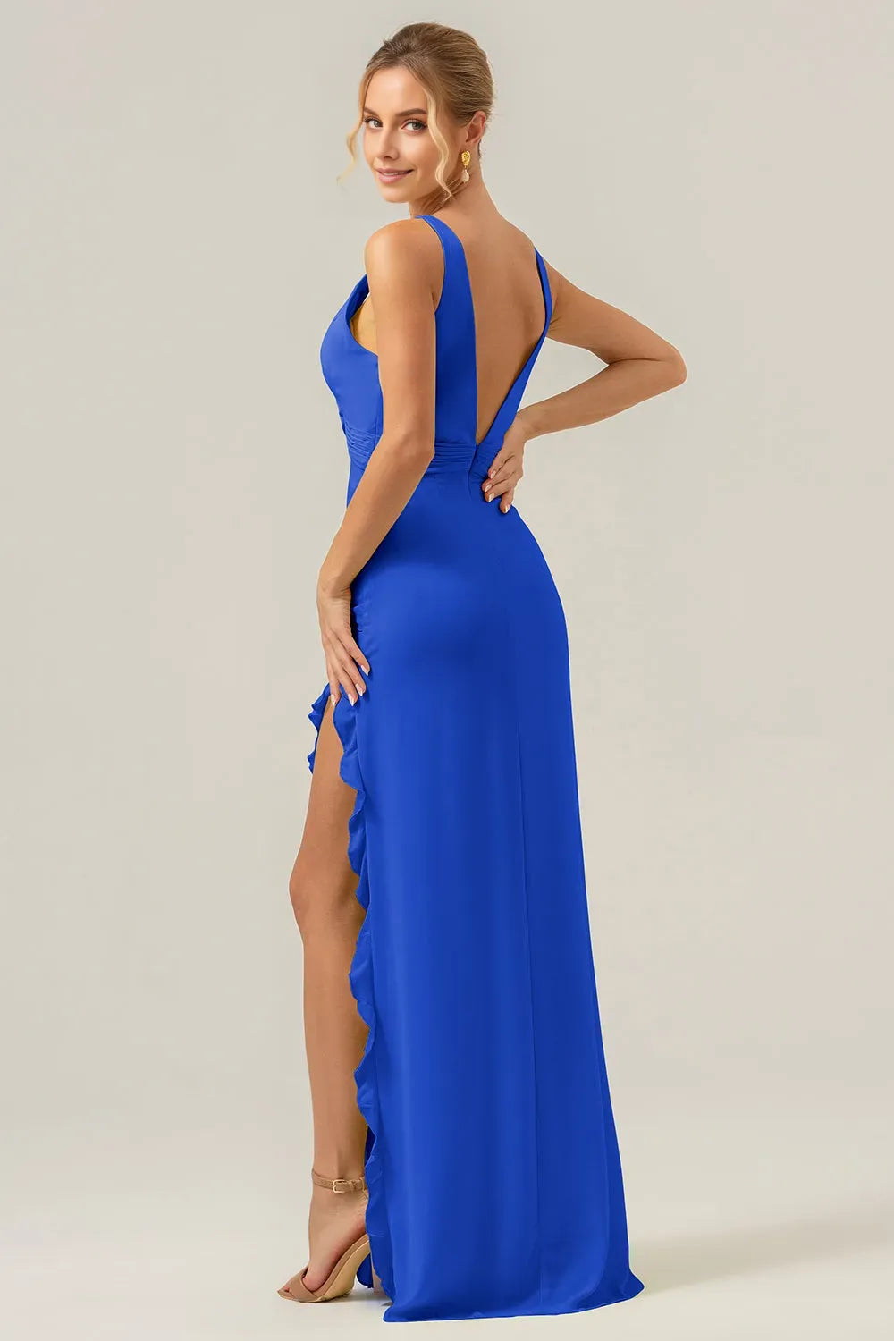 Elegant Sheath Deep V-Neck Sleeveless Open-Back Back Zip Floor-Length Prom Dress with Ruffle Slit