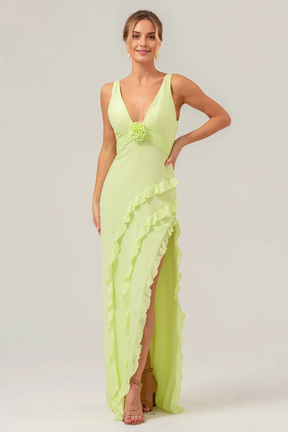 Elegant Sheath Deep V-Neck Sleeveless Open-Back Back Zip Floor-Length Prom Dress with Ruffle Slit