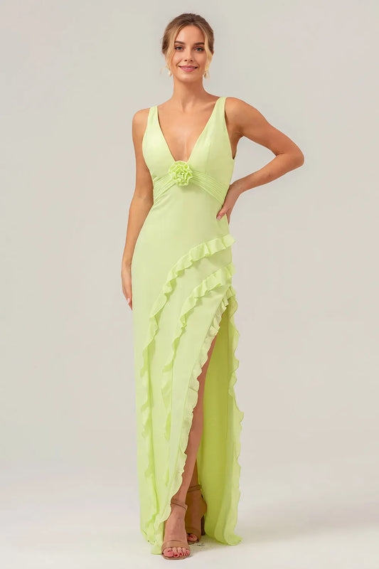 Elegant Sheath Deep V-Neck Sleeveless Open-Back Back Zip Floor-Length Prom Dress with Ruffle Slit