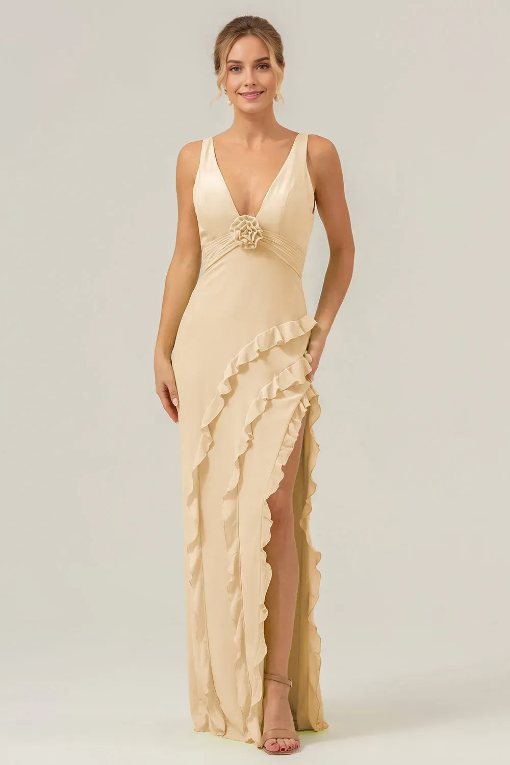 Elegant Sheath Deep V-Neck Sleeveless Open-Back Back Zip Floor-Length Prom Dress with Ruffle Slit