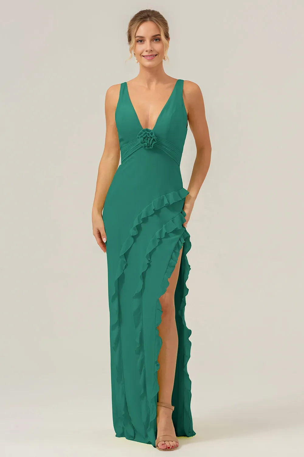 Elegant Sheath Deep V-Neck Sleeveless Open-Back Back Zip Floor-Length Prom Dress with Ruffle Slit
