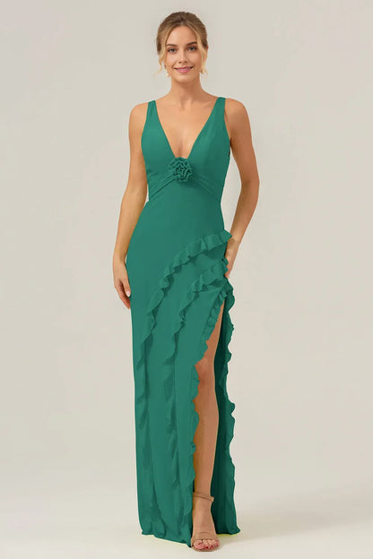 Elegant Sheath Deep V-Neck Sleeveless Open-Back Back Zip Floor-Length Prom Dress with Ruffle Slit