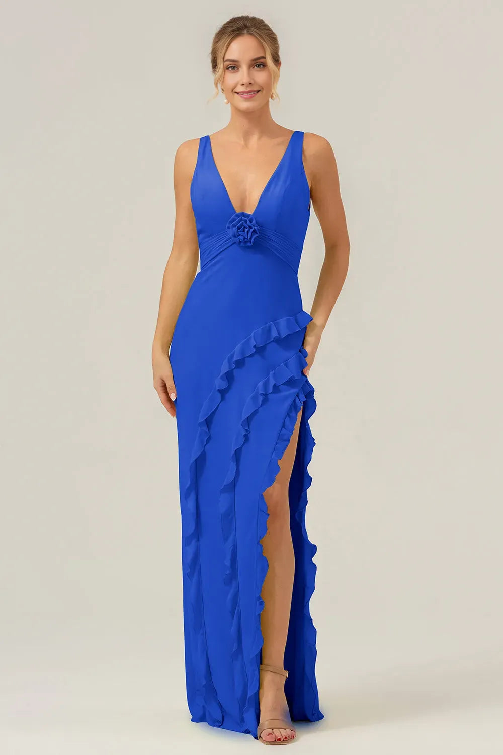 Elegant Sheath Deep V-Neck Sleeveless Open-Back Back Zip Floor-Length Prom Dress with Ruffle Slit