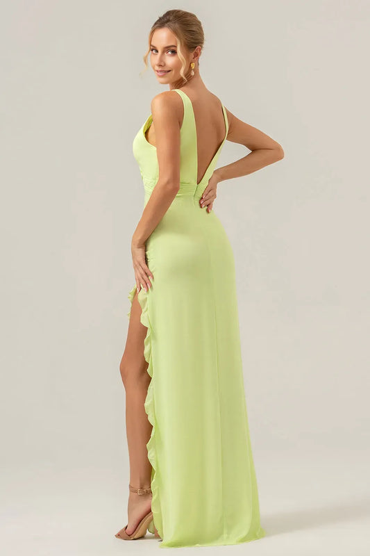 Elegant Sheath Deep V-Neck Sleeveless Open-Back Back Zip Floor-Length Prom Dress with Ruffle Slit