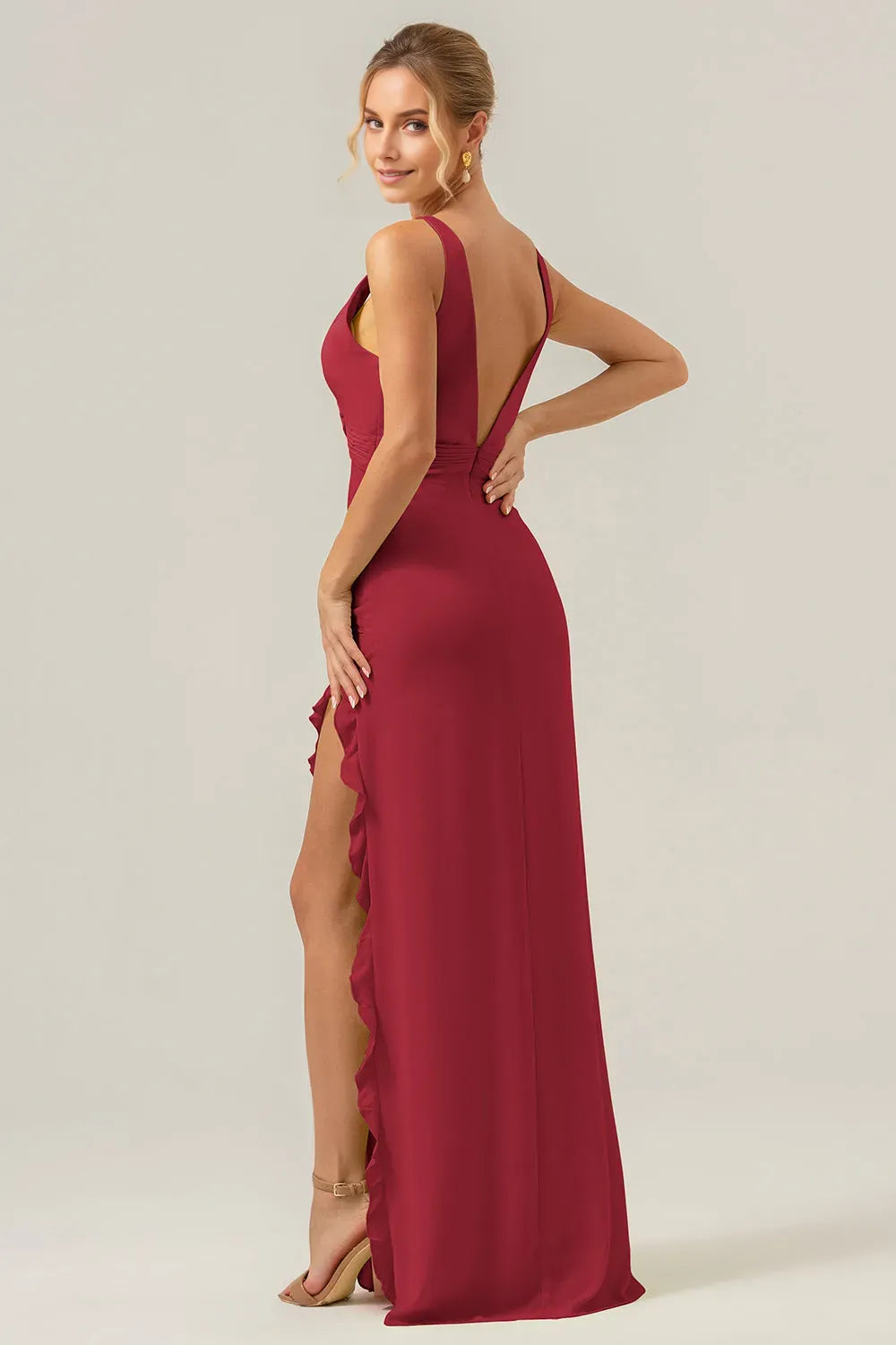 Elegant Sheath Deep V-Neck Sleeveless Open-Back Back Zip Floor-Length Prom Dress with Ruffle Slit