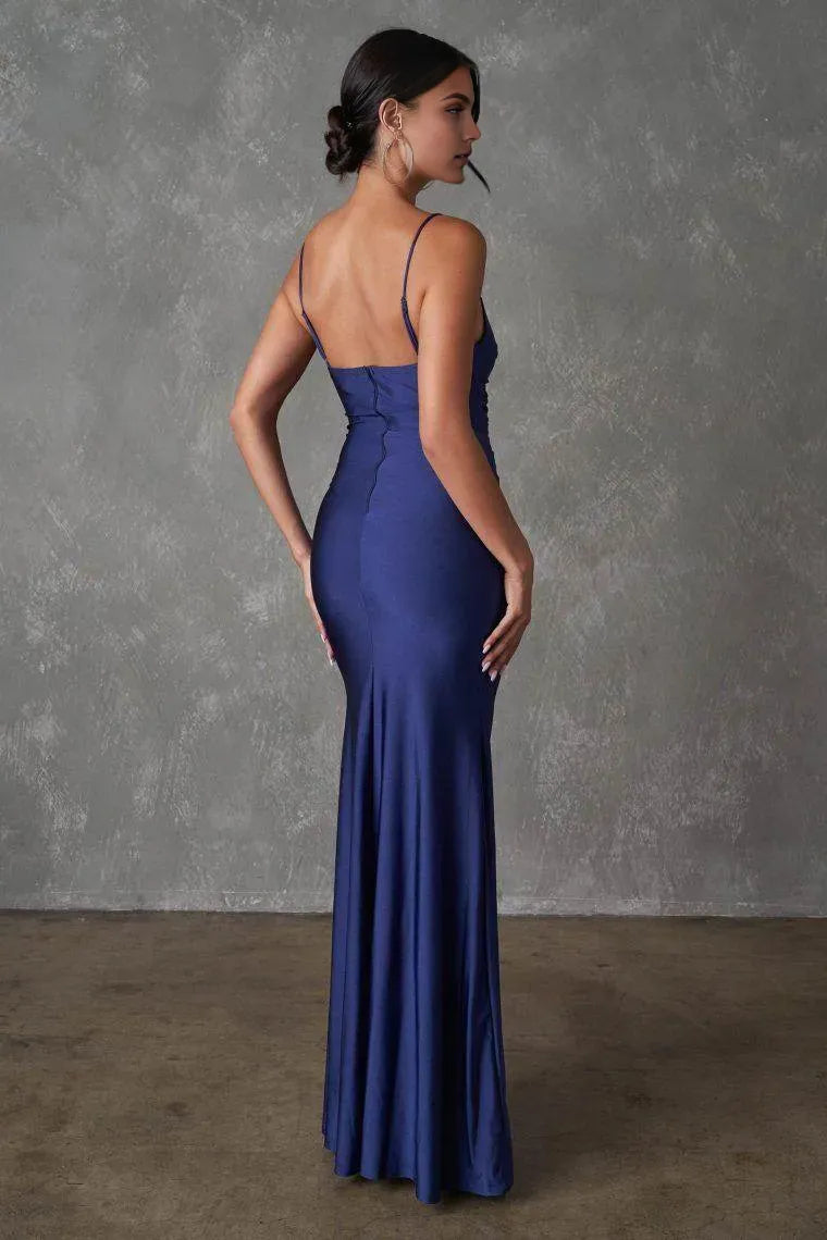 Elegant Sheath Deep V-Neck Spaghetti Strap Back Zip Floor-Length Ruched Satin High-Slit Prom Dress