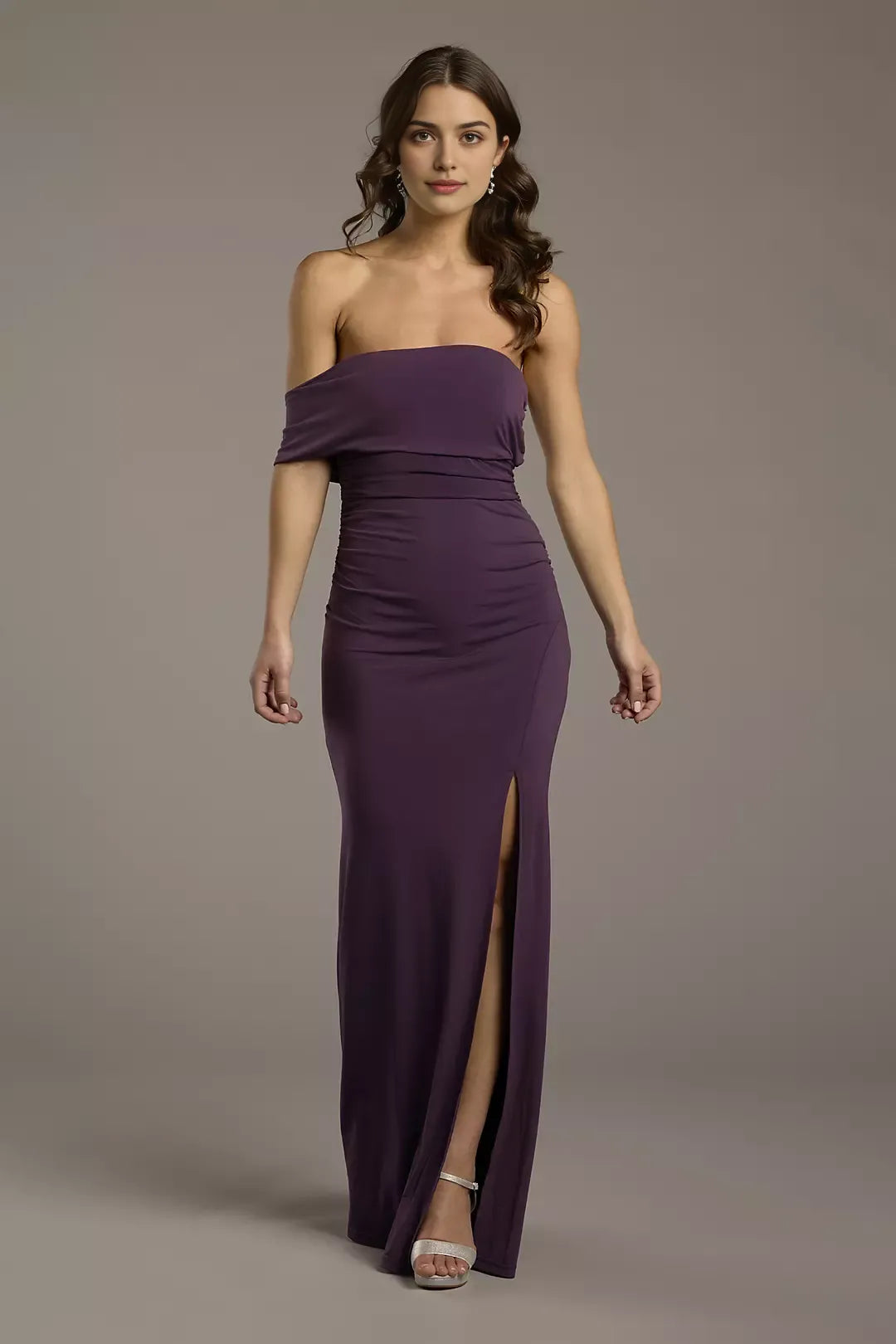 Elegant Sheath Off-Shoulder Asymmetrical Ruched Floor-Length Side Slit Prom Dresses Hot Sale