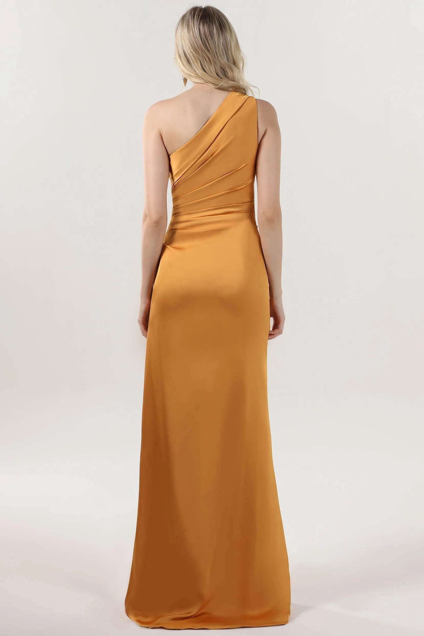 Elegant Sheath One-Shoulder Sleeveless Asymmetrical Back Floor-Length Satin Ruched Prom Dress with High Slit