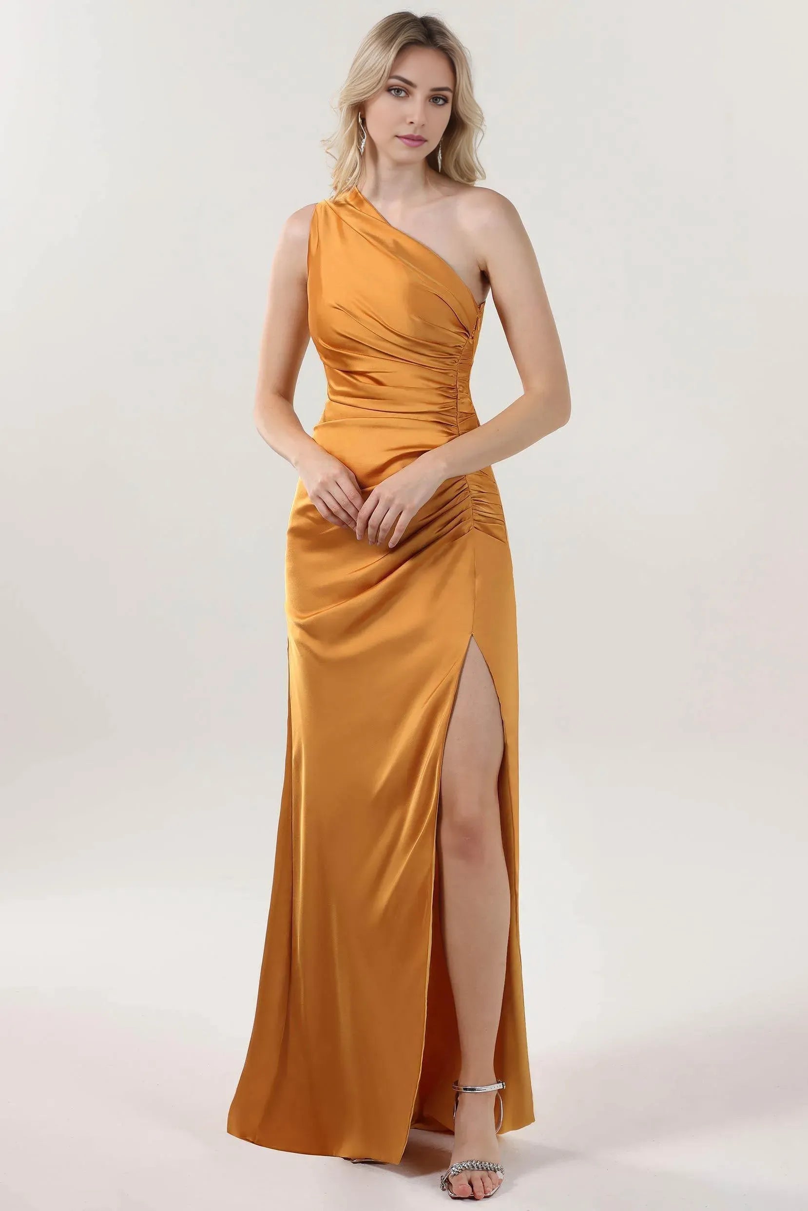 Elegant Sheath One-Shoulder Sleeveless Asymmetrical Back Floor-Length Satin Ruched Prom Dress with High Slit