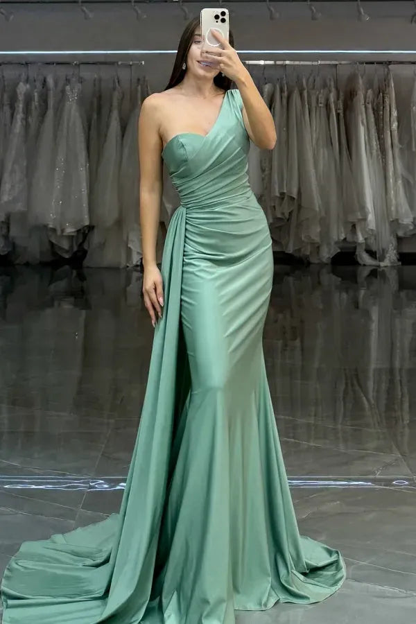 Elegant Sheath One-Shoulder Sleeveless Pleated Court Lace Up Train Prom Dress female guests Hot Sale