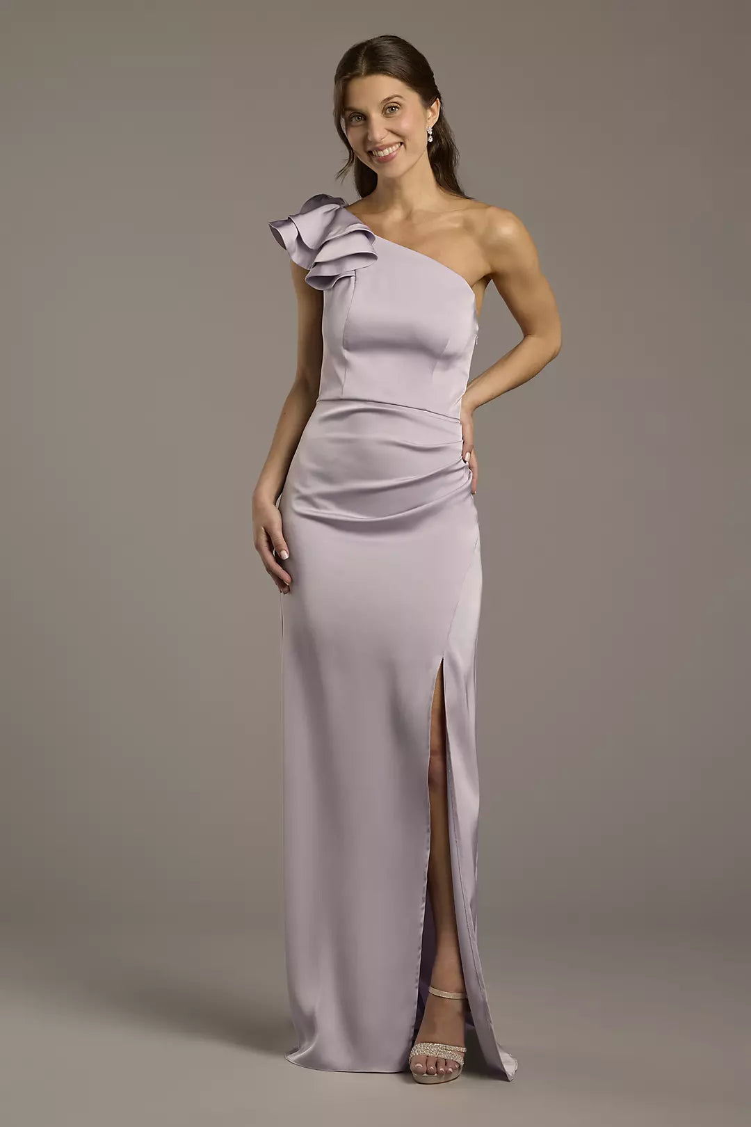 Elegant Sheath One-Shoulder Sleeveless Ruffled Side Slit Floor-Length Prom Dresses female guests Hot Sale