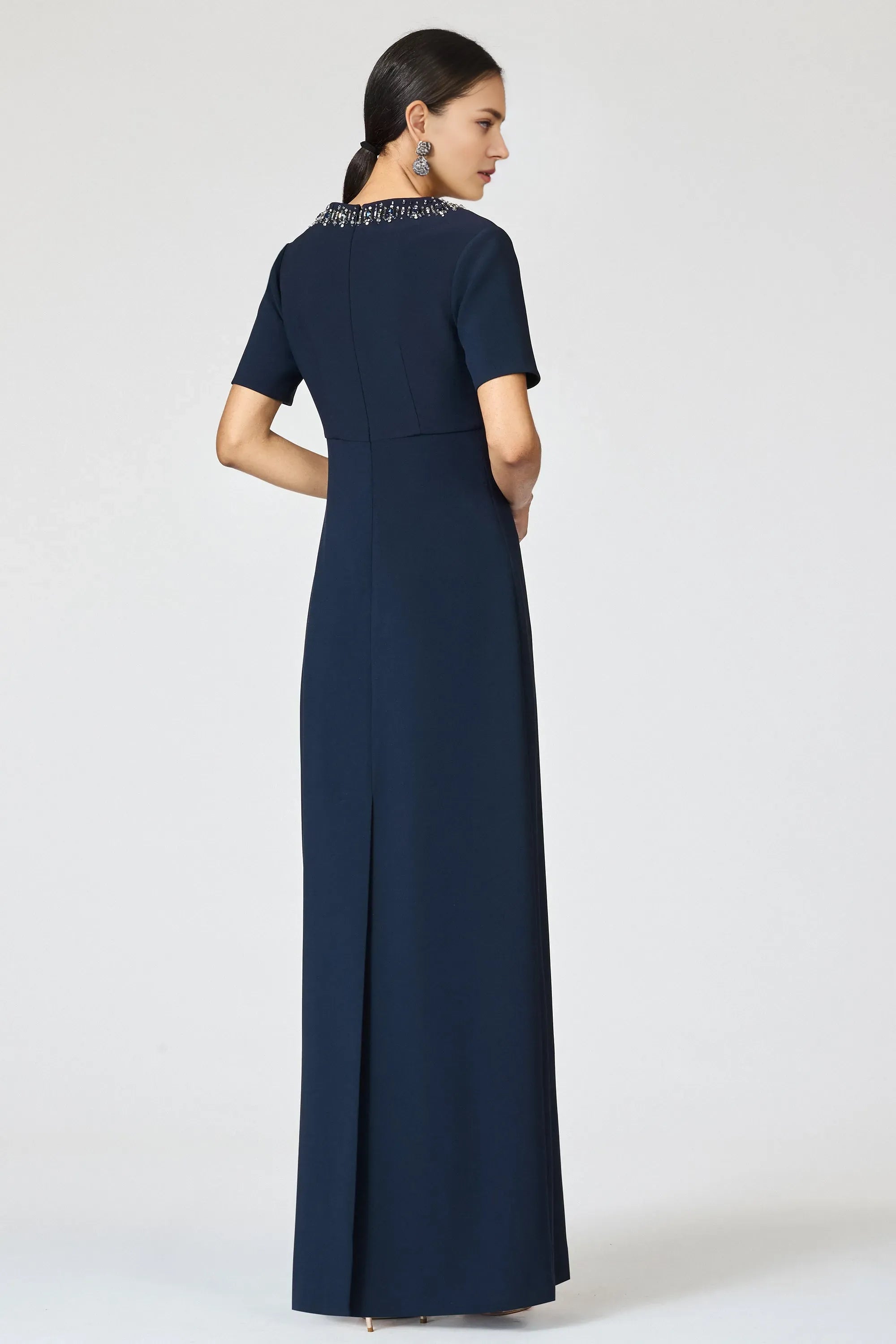 Elegant Sheath Round Neck Short-Sleeve Back Zip Floor-Length Beading Mother of the Bride Dresses