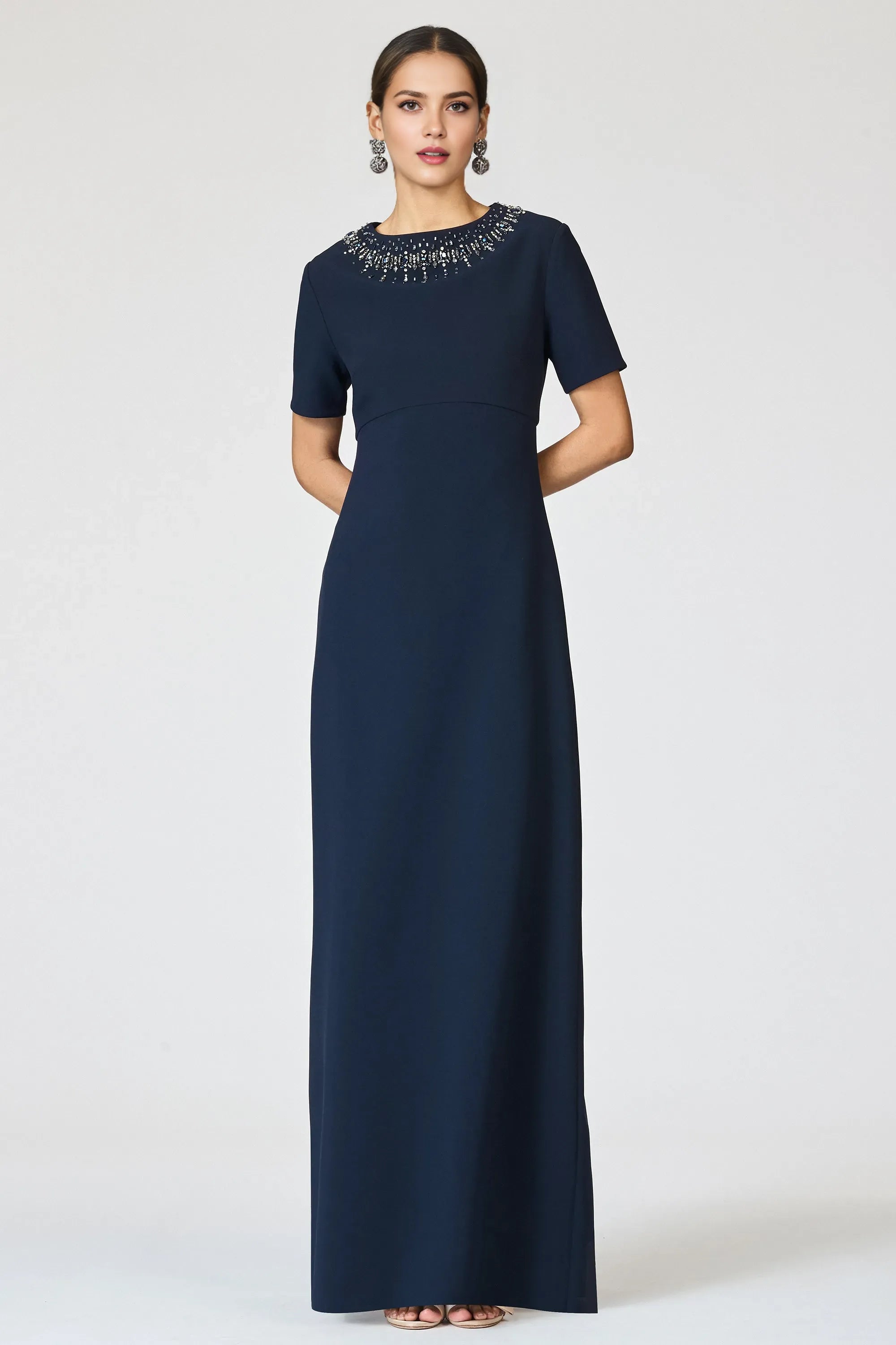 Elegant Sheath Round Neck Short-Sleeve Back Zip Floor-Length Beading Mother of the Bride Dresses