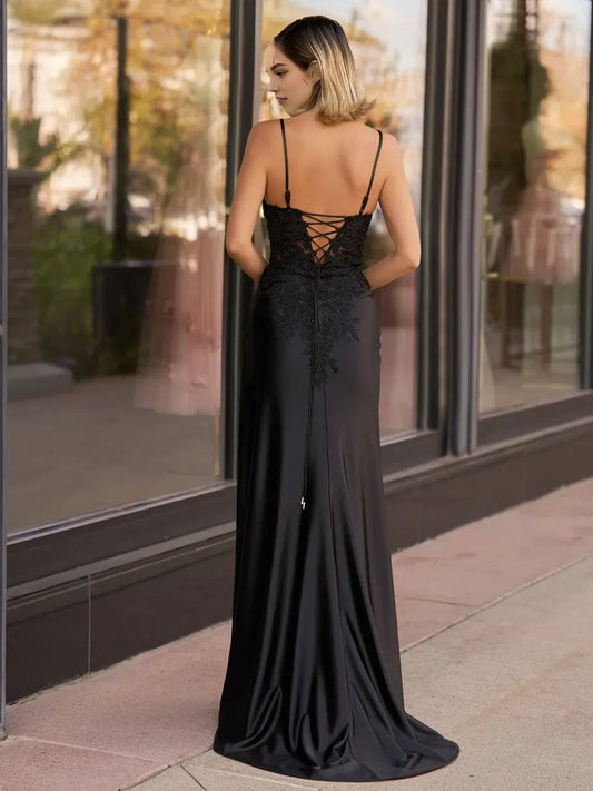 Elegant Sheath Satin Black V Neck Strapless Appliques Lace Up Floor-Length side leg slit prom dress for women hot sale