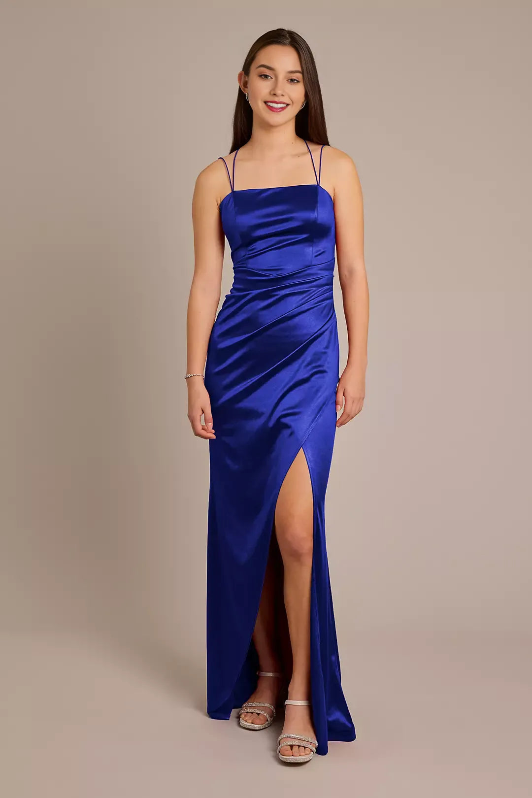 Elegant Sheath Square-Neck Spaghetti Strap Crisscross Back High Side Slit Floor-Length Prom Dresses with Slit