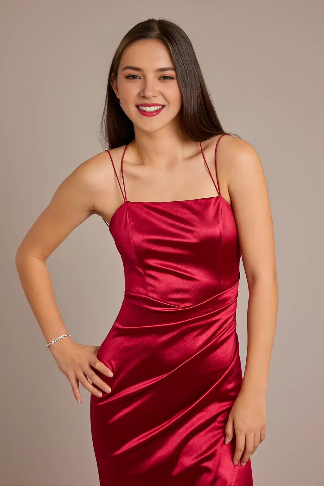 Elegant Sheath Square Neck Spaghetti-Strap Crisscross Back Satin Draped Floor-Length Prom Dresses with Slit