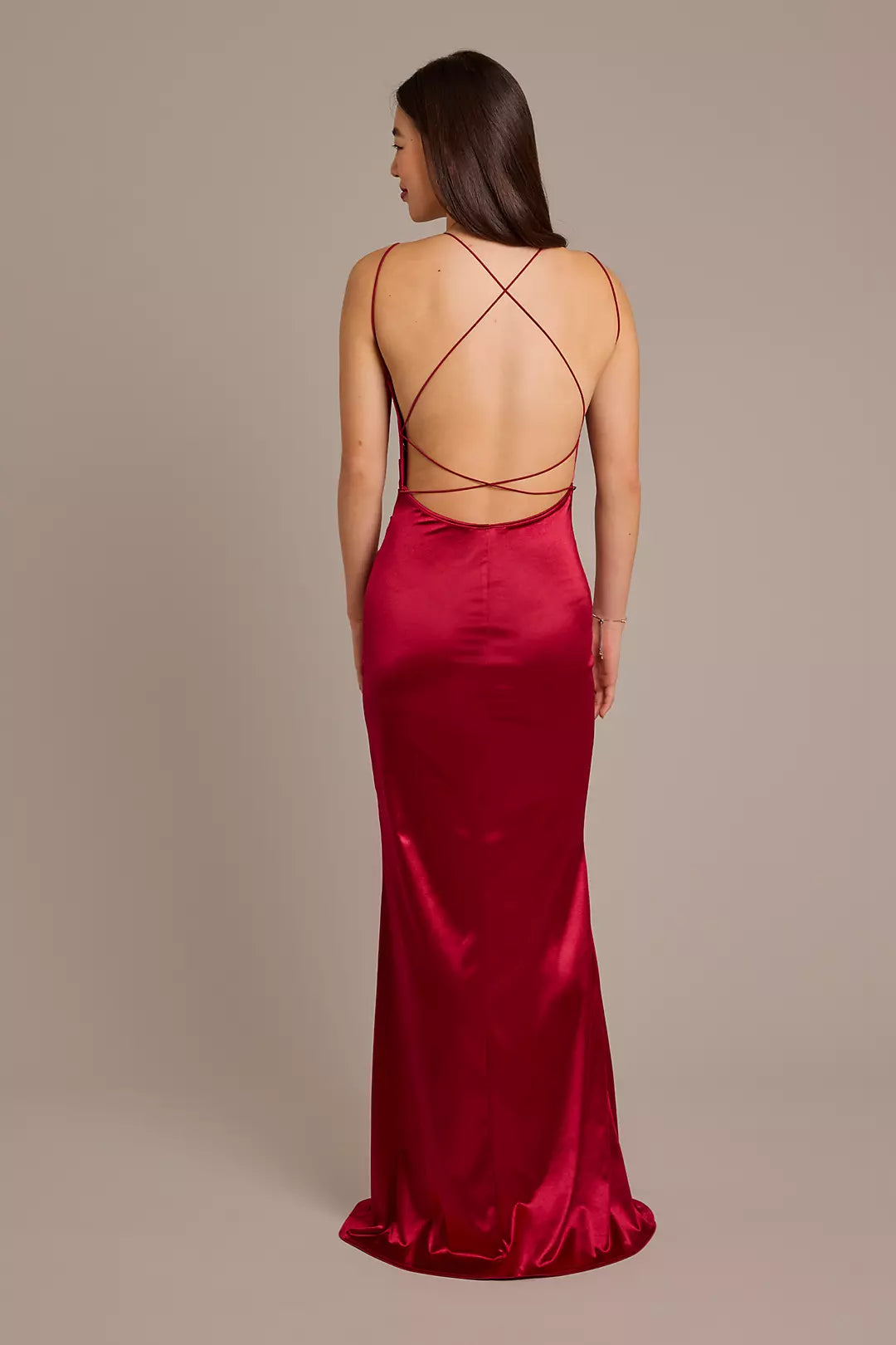 Elegant Sheath Square Neck Spaghetti-Strap Crisscross Back Satin Draped Floor-Length Prom Dresses with Slit
