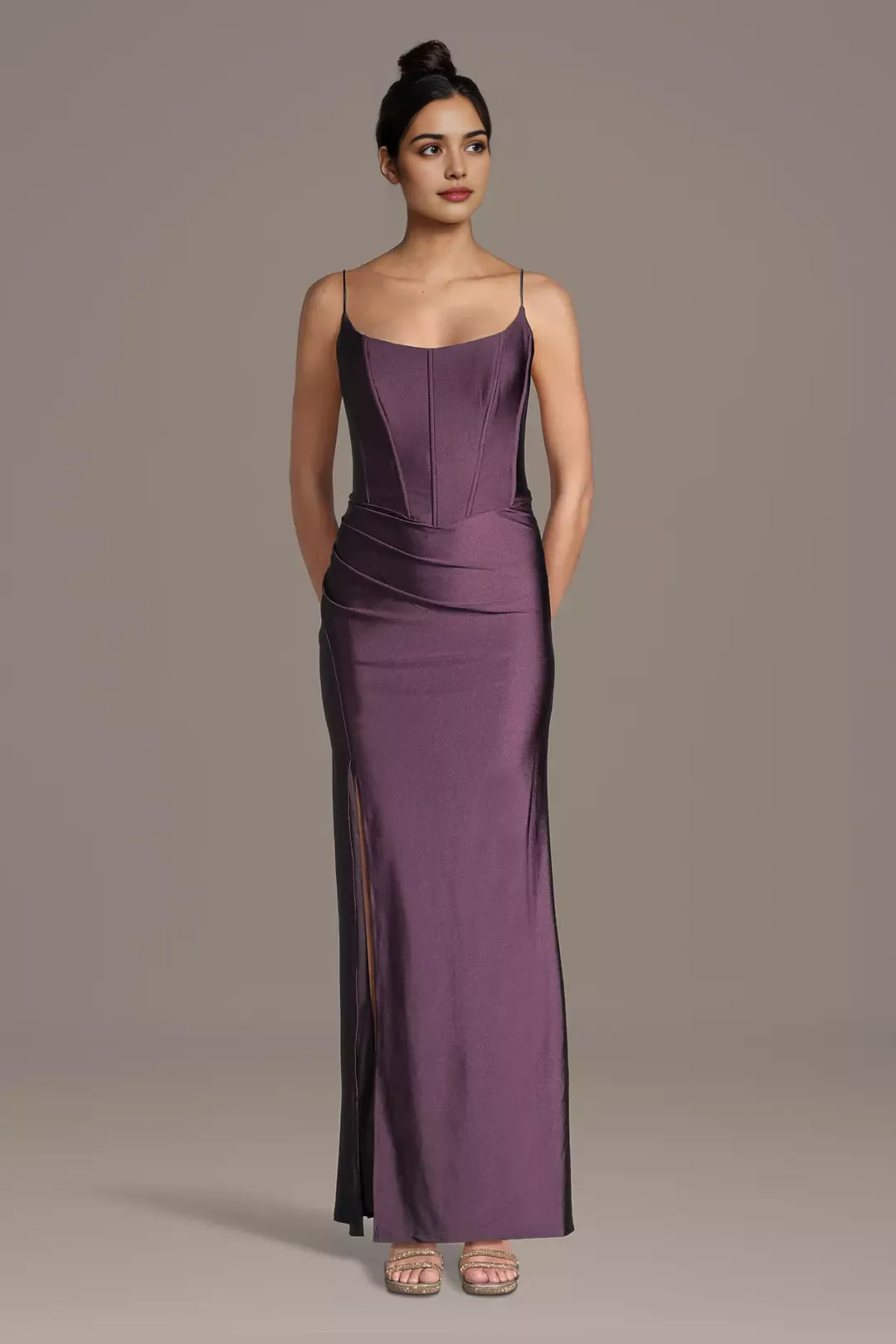 Elegant Sheath Sweetheart Neck Spaghetti Strap Corset Back Zip Ankle-Length Side Slit Prom Dresses