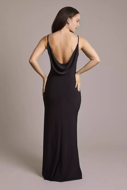 Elegant Sheath V-Neck Sleeveless Side Zip Floor-Length Side Leg Slit Prom Dresses with Cowl Back